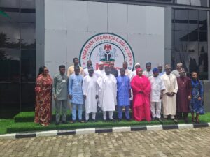 NTAC DG, Rt.Hon.Yusuf Buba Yakub(m) and the Directors of Administration and Programmes, Ambassador Yakubu Abdullahi Ahmed and Ambassador Usman Zakari are here flanked on both sides by members of Management and staff of NTAC as the Agency marked the 2nd Year Anniversary of the DG's Assumption of Office at the Agency on Friday, September 26,2025 in Abuja.