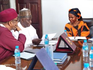 DG/CEO, Nigerian Technical Aid Corps (NTAC), Rt. Hon. Yusuf Buba Yakub (middle), flanked by the Minister of Technical and Higher Education of Sierra Leone, Dr. Haja Ramatulai Wurie (left), and NTAC Director of Programmes, Ambassador Bello A. Jaye (right), during a bilateral engagement visit in Freetown.