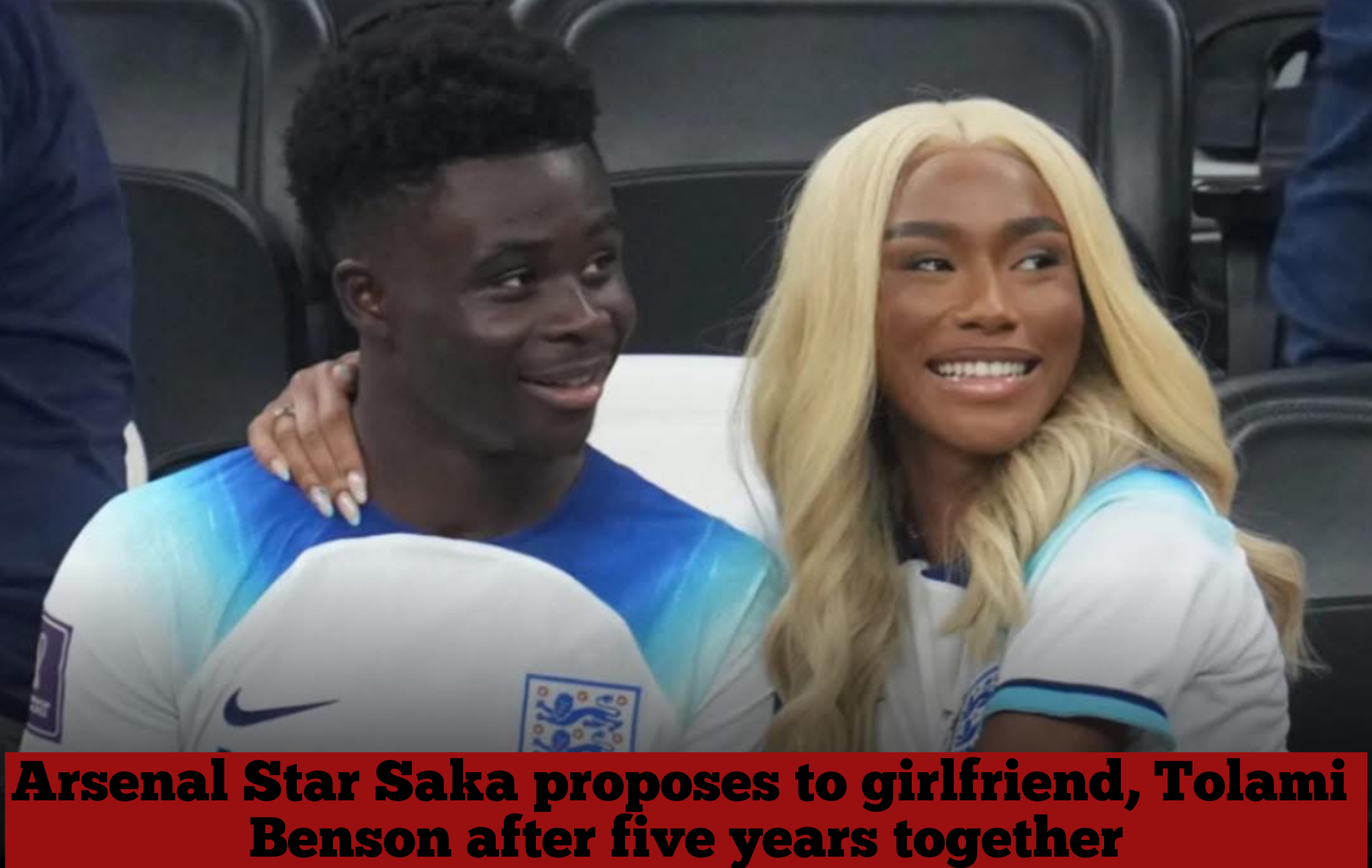 Arsenal Star Saka proposes to girlfriend, Tolami Benson after five years together